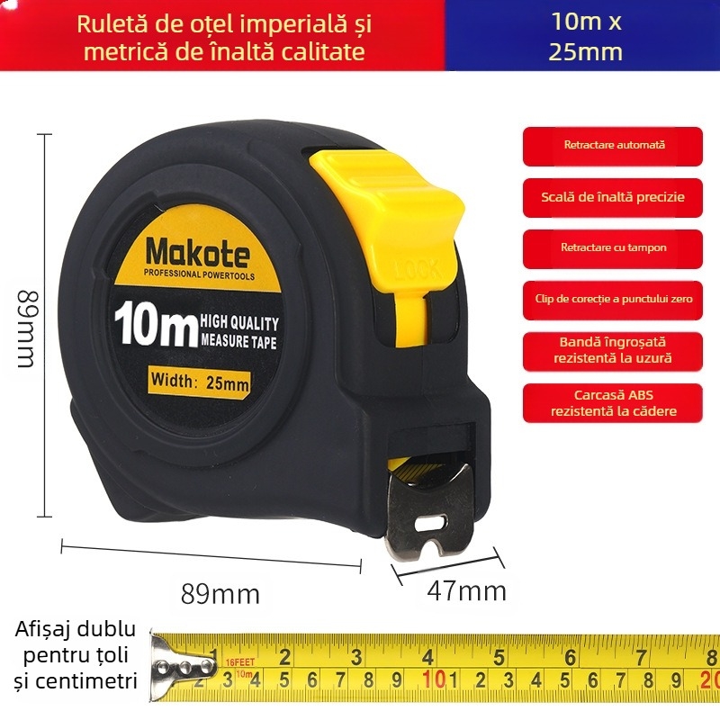 Ruletă britanică pentru comerț exterior, 5 m, 3 m, bandă de oțel, riglă rezistentă la uzură, îngroșată, de înaltă precizie, tip cutie, bandă de măsurare