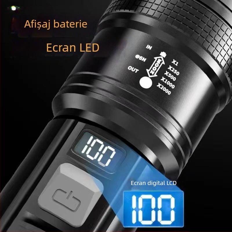 Lanternă multifuncțională reîncărcabilă portabilă inteligentă digitală cu volum exploziv, zoom la distanță, USB, super luminoasă