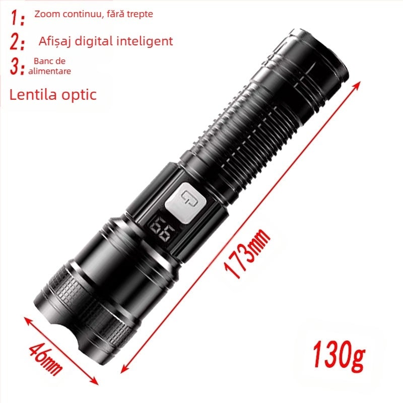 Lanternă multifuncțională reîncărcabilă portabilă inteligentă digitală cu volum exploziv, zoom la distanță, USB, super luminoasă