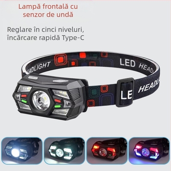 Lanternă mică cu inducție inteligentă transfrontalieră, multifuncțională, cu sursă de lumină multifuncțională, cu încărcare, montată pe cap, pentru exterior, lampă de pescuit nocturnă, en-gros