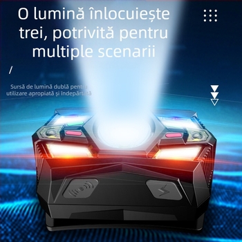 Lanternă mică cu inducție inteligentă transfrontalieră, multifuncțională, cu sursă de lumină multifuncțională, cu încărcare, montată pe cap, pentru exterior, lampă de pescuit nocturnă, en-gros