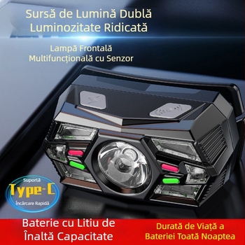Lanternă mică cu inducție inteligentă transfrontalieră, multifuncțională, cu sursă de lumină multifuncțională, cu încărcare, montată pe cap, pentru exterior, lampă de pescuit nocturnă, en-gros