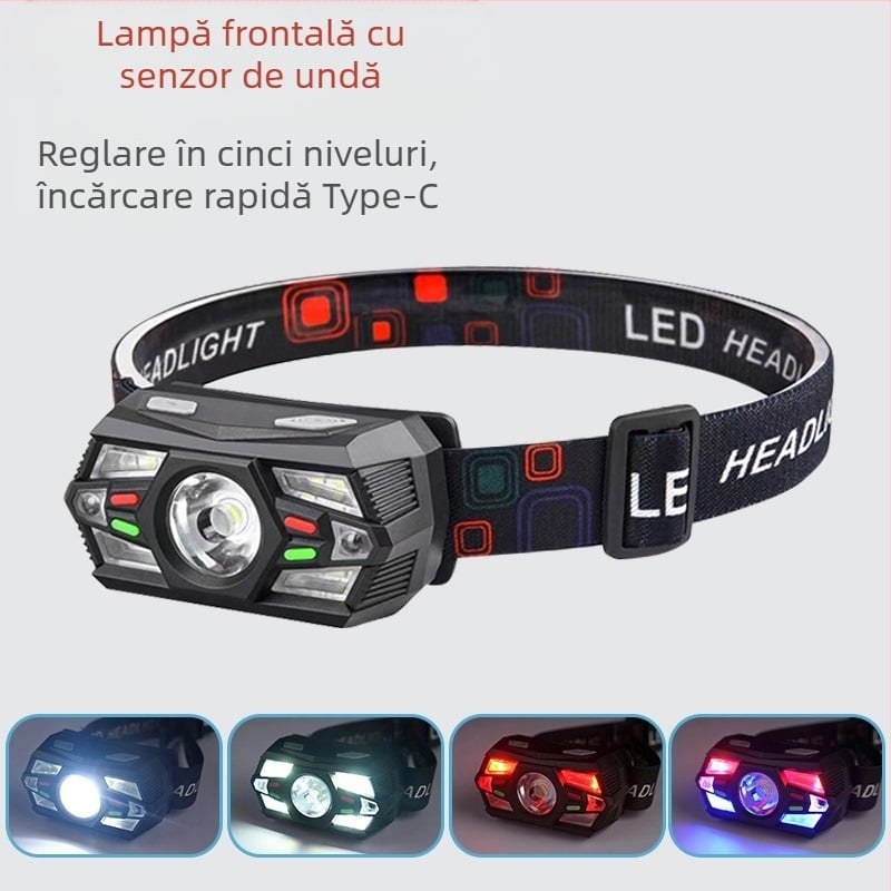 Lanternă mică cu inducție inteligentă transfrontalieră, multifuncțională, cu sursă de lumină multifuncțională, cu încărcare, montată pe cap, pentru exterior, lampă de pescuit nocturnă, en-gros