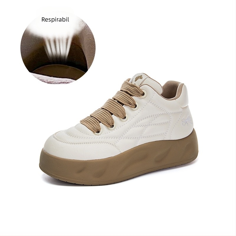 Pantofi sport din piele naturală albă pentru femei 2025 primăvara nouă pentru femei cu talpă groasă, pantofi sport cu toc înalt, casual, la modă, versatil, pantofi de pâine, tendință