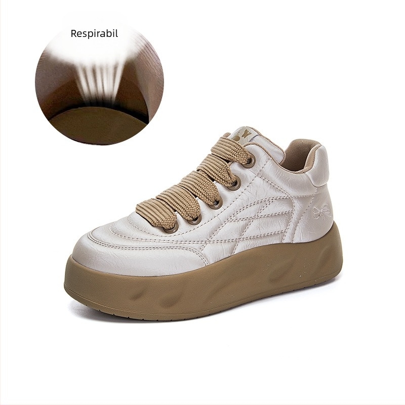Pantofi sport din piele naturală albă pentru femei 2025 primăvara nouă pentru femei cu talpă groasă, pantofi sport cu toc înalt, casual, la modă, versatil, pantofi de pâine, tendință