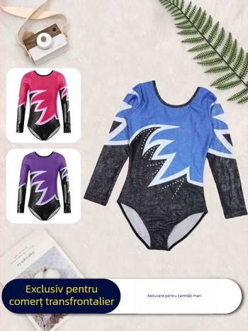 Îmbrăcăminte de gimnastică artistică pentru copii, Îmbrăcăminte de performanță pentru fete, Îmbrăcăminte de competiție cu mâneci lungi și strasuri imprimate, Îmbrăcăminte de performanță, Performanță pe scenă