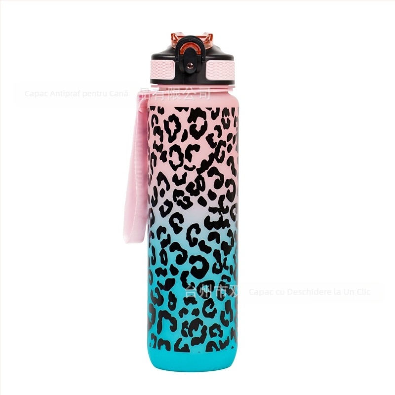 Cană de apă din plastic transfrontalieră Amazon, cu imprimeu leopard, cu paie gradient, cană de vară în aer liber, cană de apă sport de mare capacitate