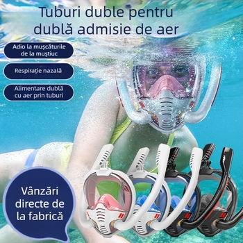 Mască de scufundări cu tub dublu, mască de scufundări cu față completă, snorkel dublu complet uscat, mască de snorkeling și înot, anti-aburire, înaltă definiție