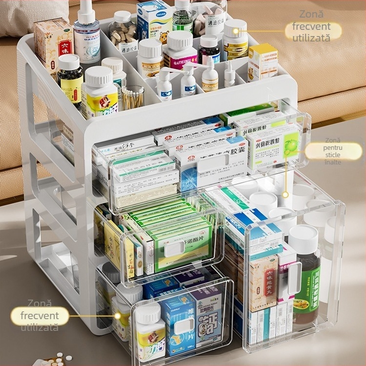 Cutie de medicamente pentru uz casnic, cutie de depozitare a medicamentelor, cutie de medicamente pentru uz casnic, capacitate mare, sertar multistrat, tip cutie medicală mică pentru medicamente
