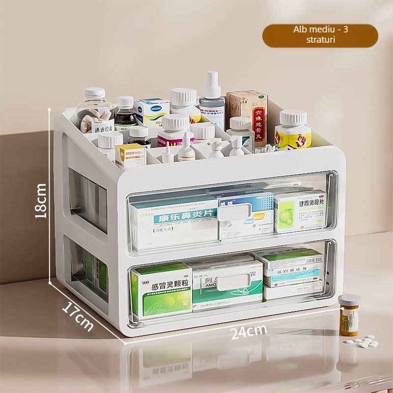 Cutie de medicamente pentru uz casnic, cutie de depozitare a medicamentelor, cutie de medicamente pentru uz casnic, capacitate mare, sertar multistrat, tip cutie medicală mică pentru medicamente