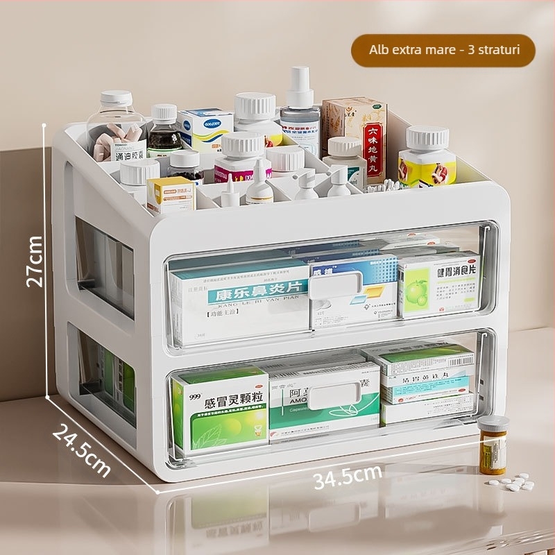 Cutie de medicamente pentru uz casnic, cutie de depozitare a medicamentelor, cutie de medicamente pentru uz casnic, capacitate mare, sertar multistrat, tip cutie medicală mică pentru medicamente