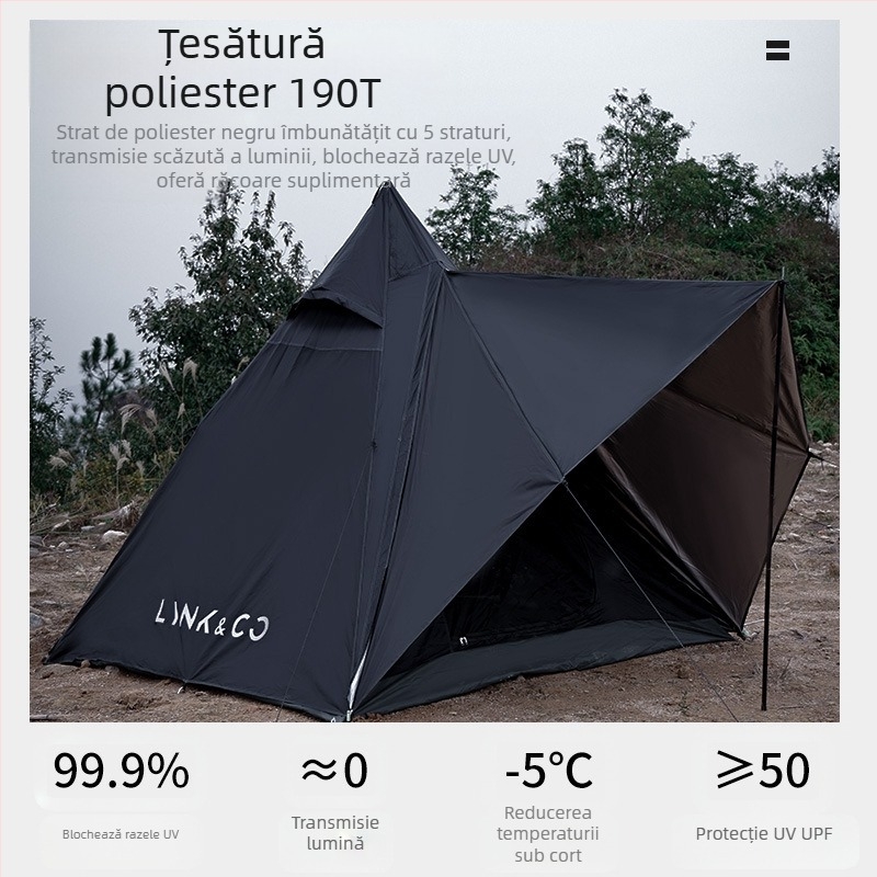 Cort de camping tip turn cu două straturi, tip cort interior și exterior, en-gros, producător, en-gros, rezistent la ploaie, tip piramidă Warrior Black, pentru mai multe persoane, cu fabricație en-gros