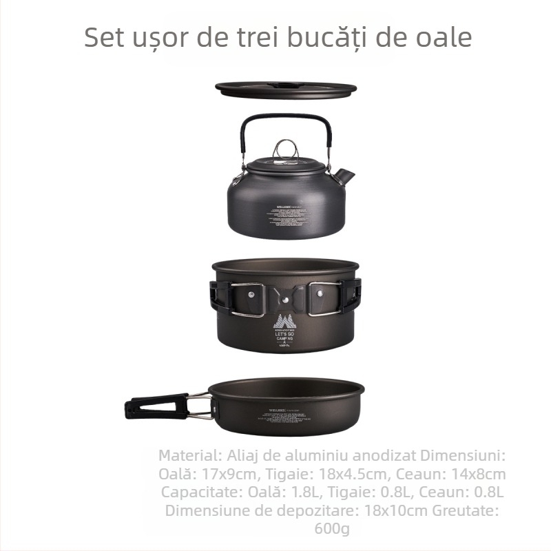 Set de camping în aer liber, oală pentru 1-2 persoane, oală portabilă pentru camping, ustensile de gătit, picnic, oală pentru camping, ceaun, oală pentru prăjit, oală de fierbere