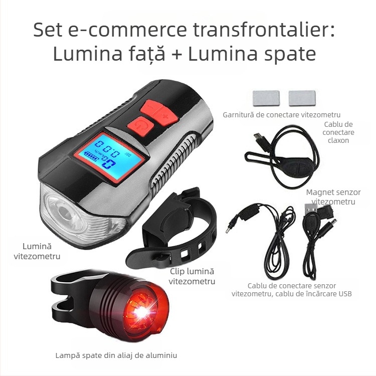 Lampă de bicicletă cu cod, afișaj de putere, reîncărcabilă USB, far de bicicletă, contor de cod, trei în unu, lumină de bicicletă, claxon