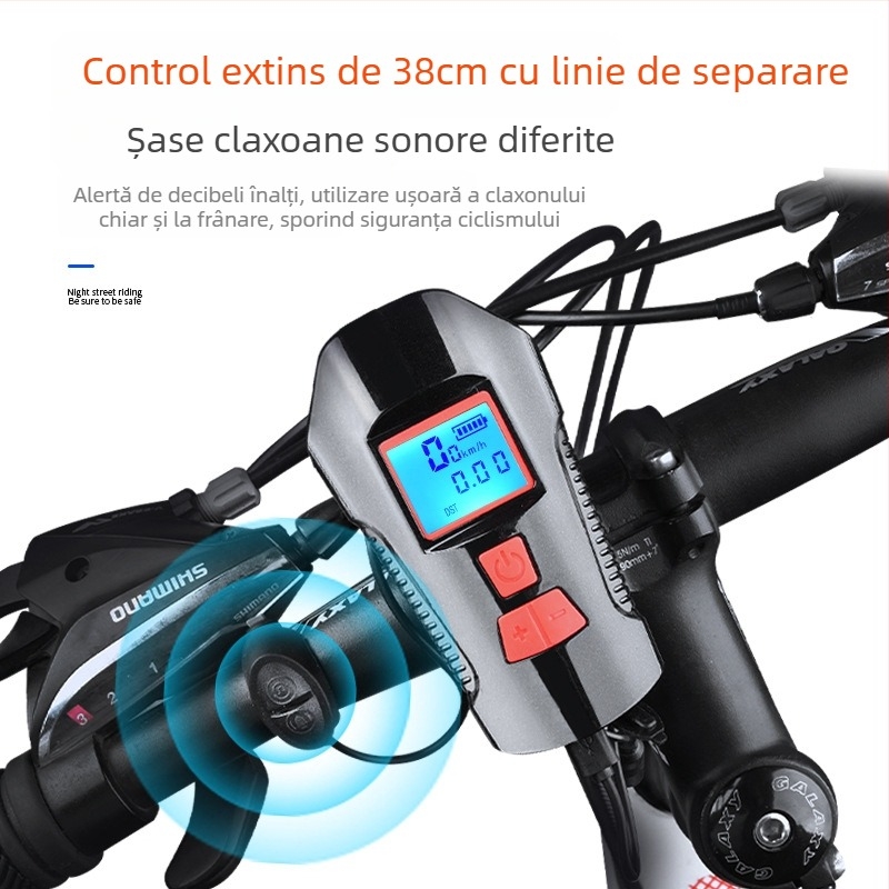 Lampă de bicicletă cu cod, afișaj de putere, reîncărcabilă USB, far de bicicletă, contor de cod, trei în unu, lumină de bicicletă, claxon