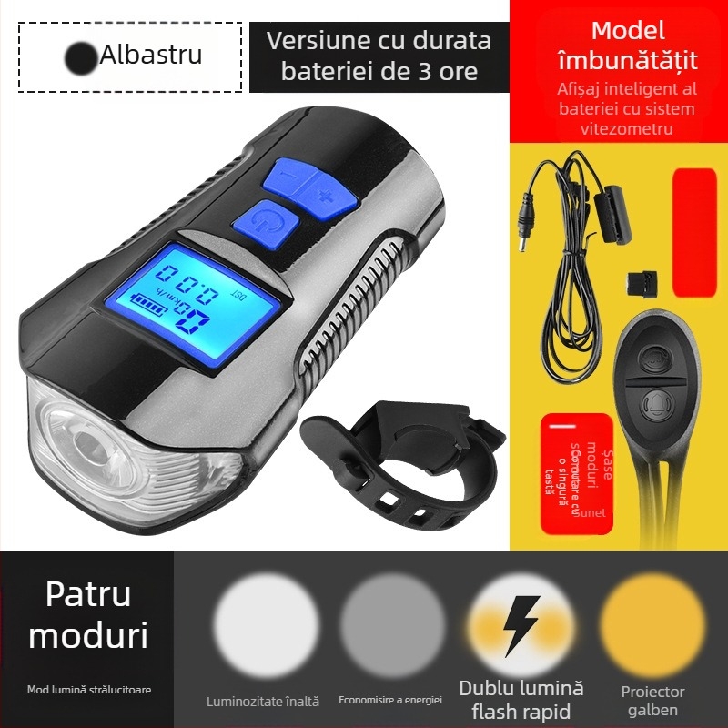 Lampă de bicicletă cu cod, afișaj de putere, reîncărcabilă USB, far de bicicletă, contor de cod, trei în unu, lumină de bicicletă, claxon