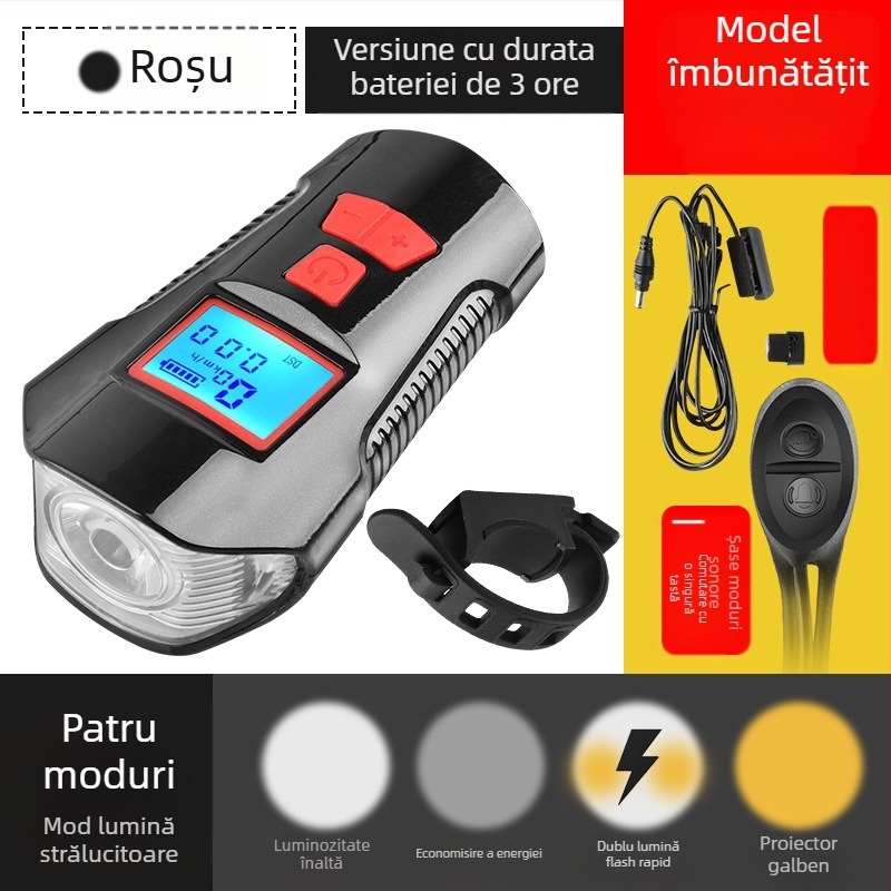 Lampă de bicicletă cu cod, afișaj de putere, reîncărcabilă USB, far de bicicletă, contor de cod, trei în unu, lumină de bicicletă, claxon