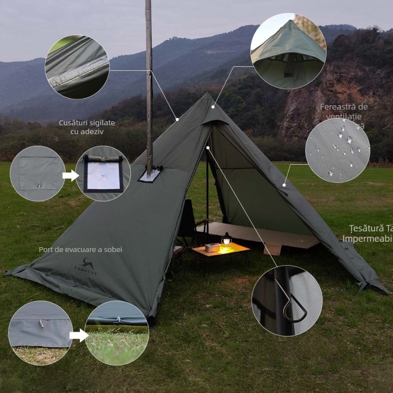 Cort piramidal hexagonal pentru camping în aer liber, cort indian, protecție solară, impermeabil, cort cu turlă, baldachin, echipament de camping