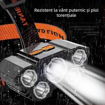 Lanternă frontală LED nouă cu 5 capete, reîncărcabilă prin USB, cu lanternă de pescuit cu rază lungă de acțiune, cu lumină puternică