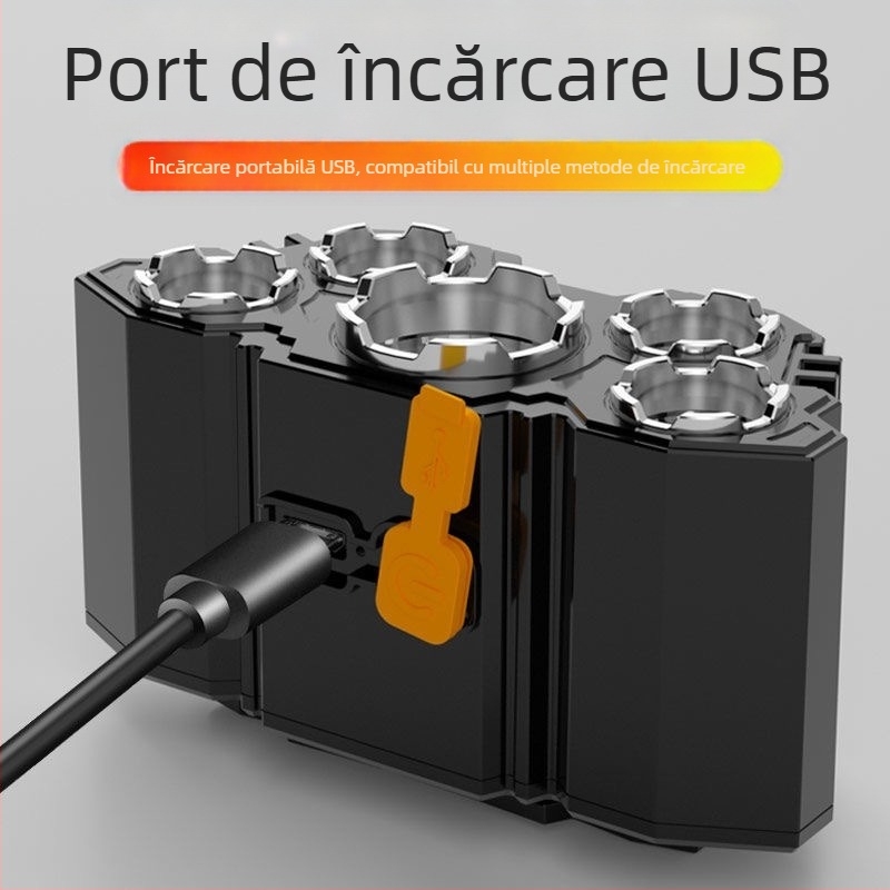 Lanternă frontală LED nouă cu 5 capete, reîncărcabilă prin USB, cu lanternă de pescuit cu rază lungă de acțiune, cu lumină puternică
