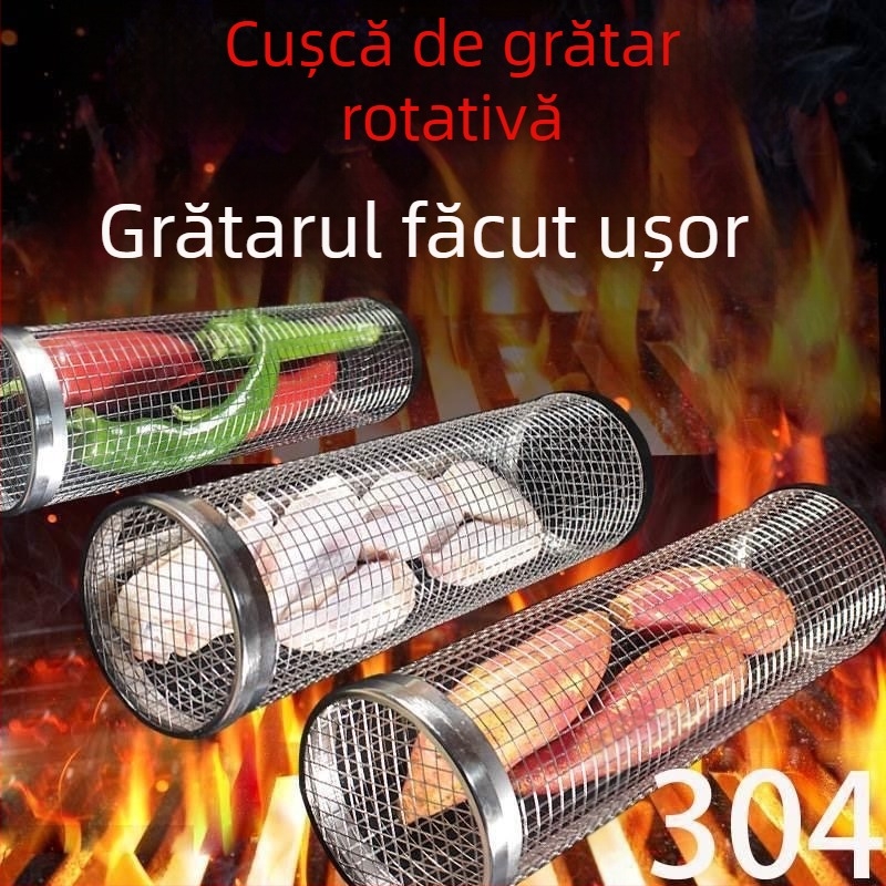 Amazon Rolling Barbeque Cage Supply Coș de grătar Îmbunătățit pentru grătar în aer liber, butoi de grătar din oțel inoxidabil, ustensile de grătar