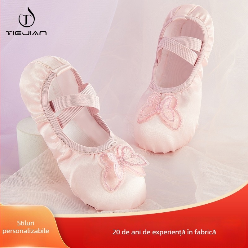 Pantofi de balet pentru copii, fete, cu talpă moale, pantofi de dans, prințesă, satin, brodat, cu fluture, pantofi de antrenament pentru corp