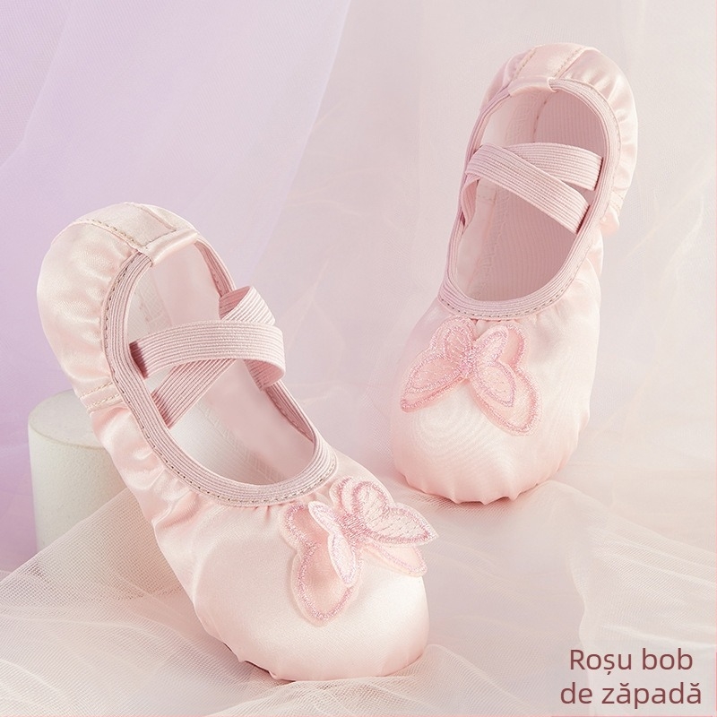 Pantofi de balet pentru copii, fete, cu talpă moale, pantofi de dans, prințesă, satin, brodat, cu fluture, pantofi de antrenament pentru corp