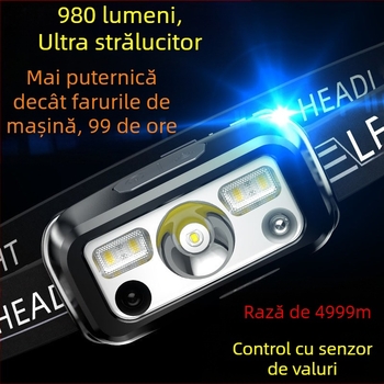 Lanternă frontală puternică cu încărcare prin inducție, super luminoasă, reîncărcabilă, montată pe cap, cu rezistență specială, pentru pescuit, în aer liber