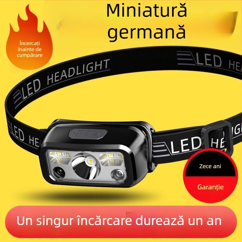 Lanternă frontală puternică cu încărcare prin inducție, super luminoasă, reîncărcabilă, montată pe cap, cu rezistență specială, pentru pescuit, în aer liber