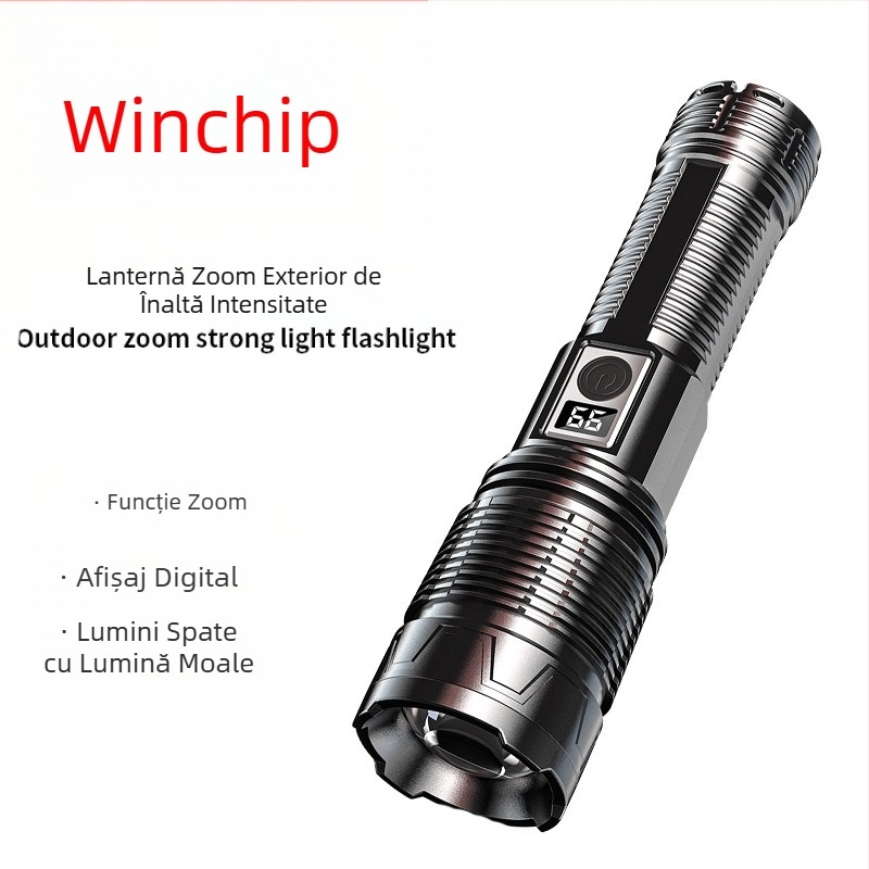 Lanternă laser albă nouă transfrontalieră, super luminoasă, cu rază lungă de acțiune TYPE-C, afișaj digital portabil pentru exterior, zoom, lanternă COB cu lumină spate