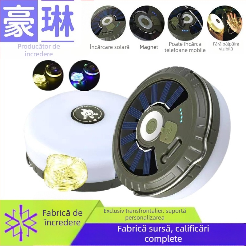 Lampă de camping cu LED solar transfrontalieră, impermeabilă în aer liber, cu bandă șir, lampă de lungă durată pentru cort, lampă de camping portabilă