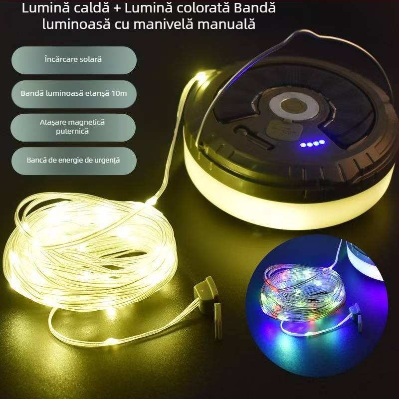 Lampă de camping cu LED solar transfrontalieră, impermeabilă în aer liber, cu bandă șir, lampă de lungă durată pentru cort, lampă de camping portabilă