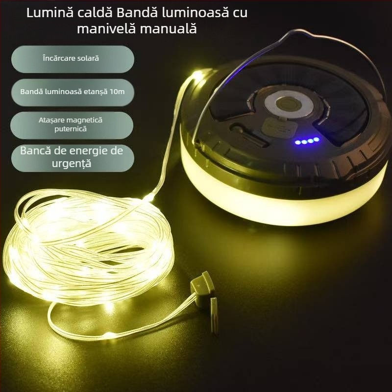 Lampă de camping cu LED solar transfrontalieră, impermeabilă în aer liber, cu bandă șir, lampă de lungă durată pentru cort, lampă de camping portabilă