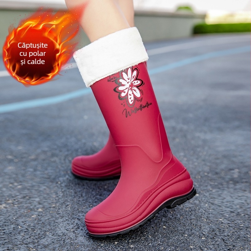 Cizme de ploaie pentru femei, en-gros, cu fund gros, cu tub lung, antiderapante, impermeabile, cizme de ploaie înalte, căptușite cu fleece, pantofi de cauciuc rezistenți la uzură, pentru bucătărie, lucru în aer liber