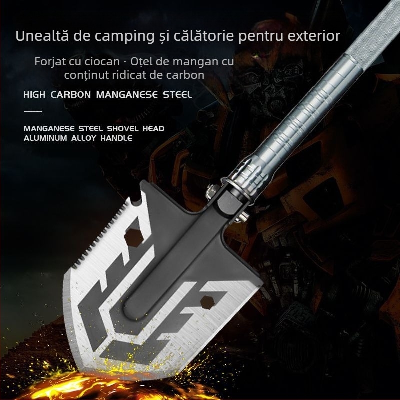 Lopată pliabilă din oțel mangan multifuncțională în aer liber, burete mic, lopată militară, stil camping, alpinism, pescuit sălbatic, lopată