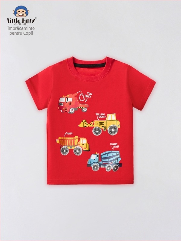 Tricou de vară pentru băieți, cu mânecă scurtă, din bumbac pur, imprimat, roșu, topuri, băieți, en-gros, îmbrăcăminte pentru copii, la modă, 2025, pentru copii