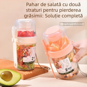 Cana de salată Internet Celebrity cu furculiță cu cutie de sos, ceașcă de mic dejun, ceașcă de salată de legume și fructe, cu două straturi, portabilă, pentru slăbit și reducerea grăsimilor