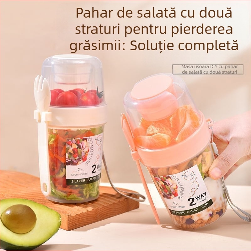 Cana de salată Internet Celebrity cu furculiță cu cutie de sos, ceașcă de mic dejun, ceașcă de salată de legume și fructe, cu două straturi, portabilă, pentru slăbit și reducerea grăsimilor