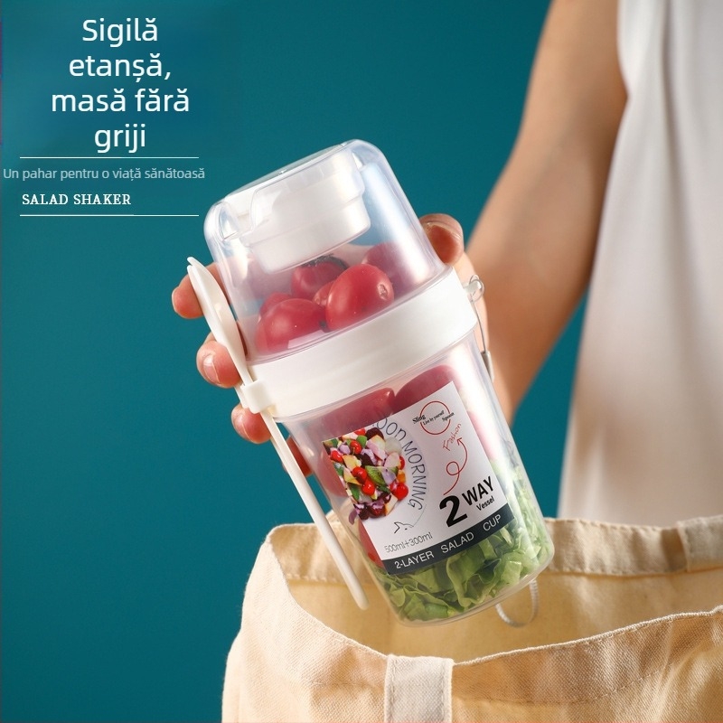 Cana de salată Internet Celebrity cu furculiță cu cutie de sos, ceașcă de mic dejun, ceașcă de salată de legume și fructe, cu două straturi, portabilă, pentru slăbit și reducerea grăsimilor