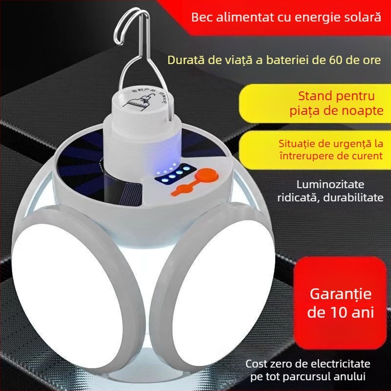 Bec reîncărcabil cu energie solară pentru întreruperi de curent de urgență, potrivit pentru tarabele pieței de noapte și uz casnic, lampă de fotbal pliabilă cu LED-uri, economisitoare de energie, cu lumină puternică
