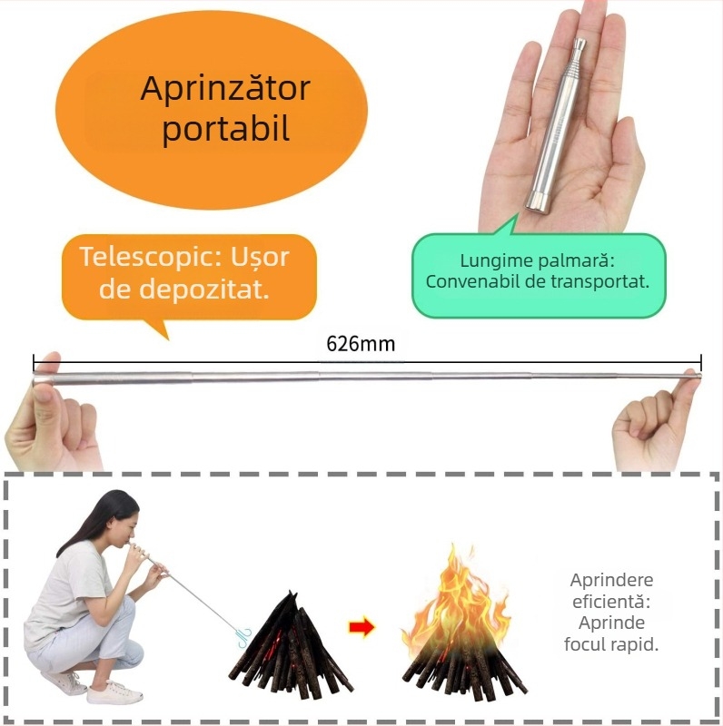 Tub telescopic portabil pentru suflarea focului, cu 6 secțiuni, nou, cu două capete, pentru camping în aer liber, direct din fabrică