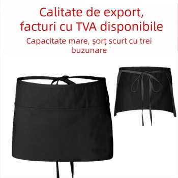 Șorț de bucătărie cu jumătate de lungime, gata confecționat din fabrică, șorț de bucătărie cu jumătate de lungime, șorț de chelner cu trei buzunare și logo imprimat