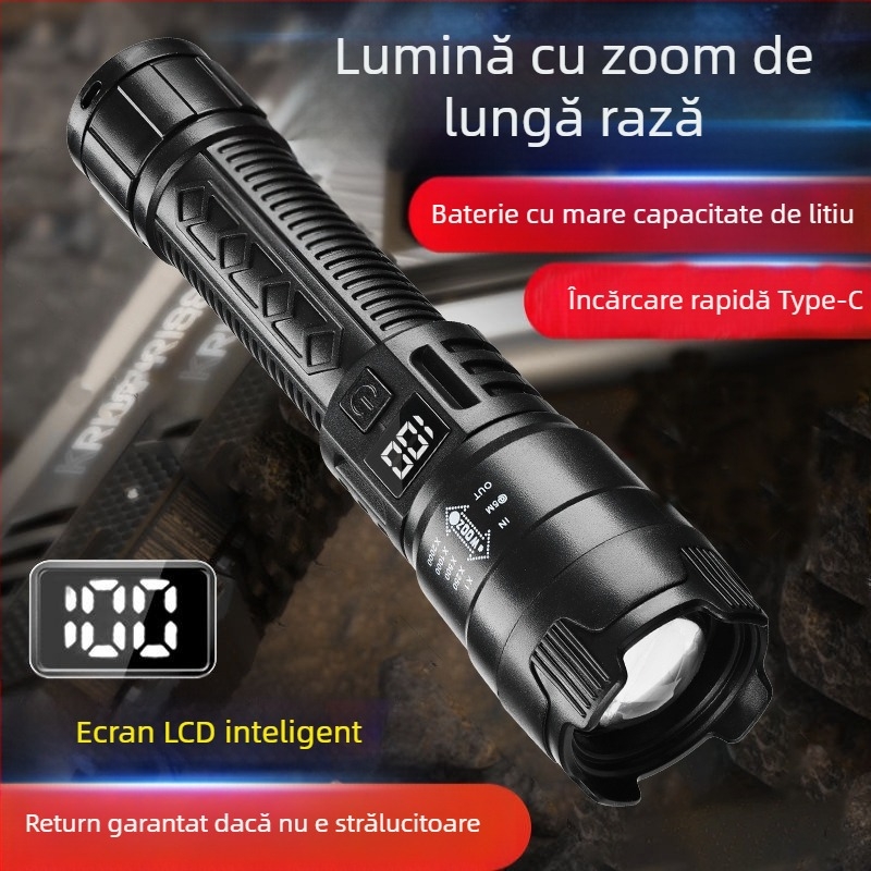 Lanternă multifuncțională din plastic transfrontalieră, lanternă puternică cu rază lungă de acțiune, zoom, afișaj digital cu încărcare, lanternă P50