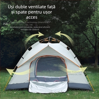 Cort de camping portabil, fără construcție, cu protecție solară argintie, cu ușă dublă, ventilat, rezistent la vânt, ușor, cu deschidere rapidă pentru camping