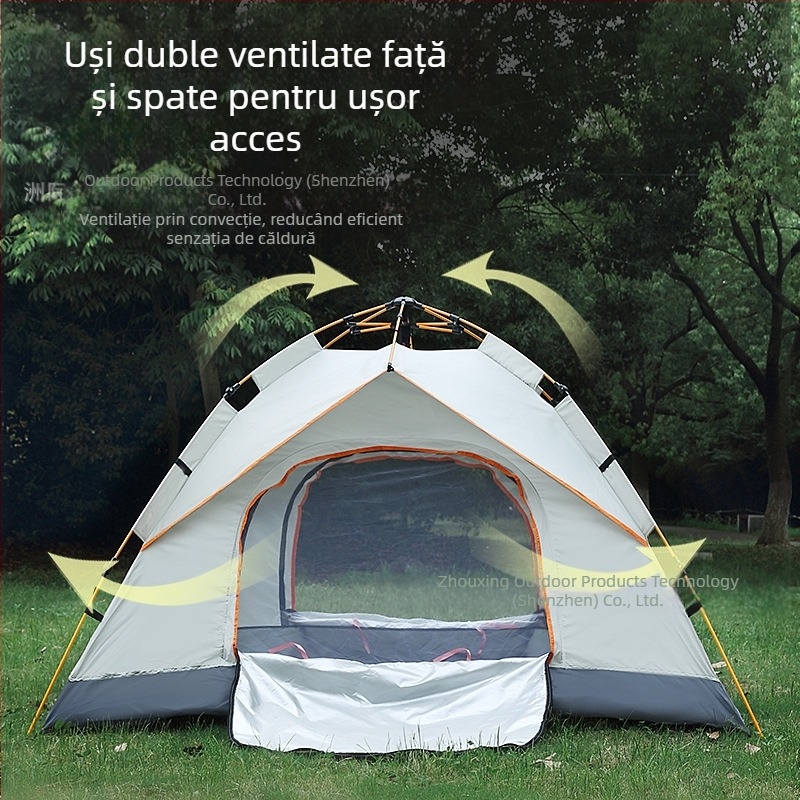 Cort de camping portabil, fără construcție, cu protecție solară argintie, cu ușă dublă, ventilat, rezistent la vânt, ușor, cu deschidere rapidă pentru camping