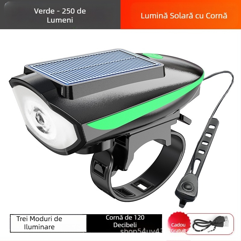 Lampă de bicicletă cu far solar, lampă cu claxon, reîncărcabilă prin USB, lanternă solară pentru bicicletă