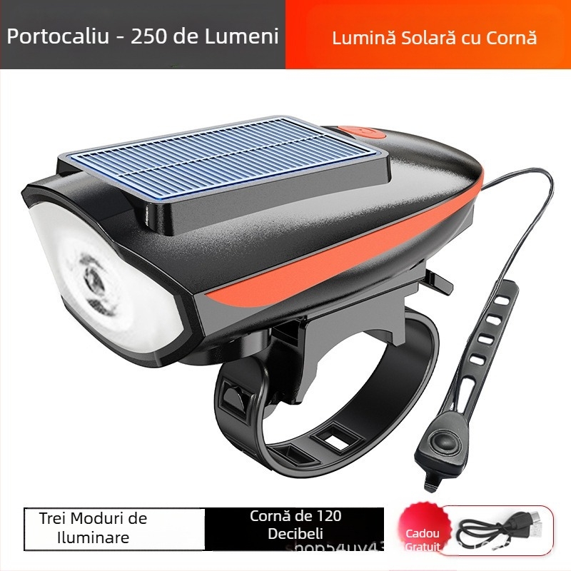 Lampă de bicicletă cu far solar, lampă cu claxon, reîncărcabilă prin USB, lanternă solară pentru bicicletă