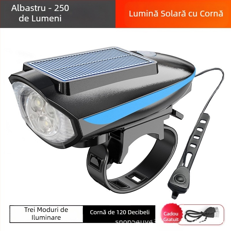 Lampă de bicicletă cu far solar, lampă cu claxon, reîncărcabilă prin USB, lanternă solară pentru bicicletă