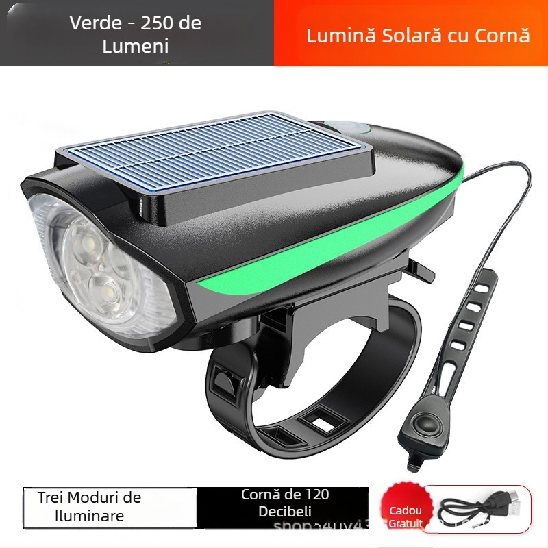 Lampă de bicicletă cu far solar, lampă cu claxon, reîncărcabilă prin USB, lanternă solară pentru bicicletă