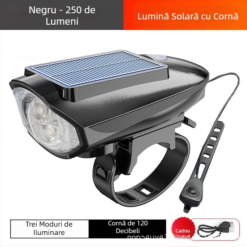 Lampă de bicicletă cu far solar, lampă cu claxon, reîncărcabilă prin USB, lanternă solară pentru bicicletă